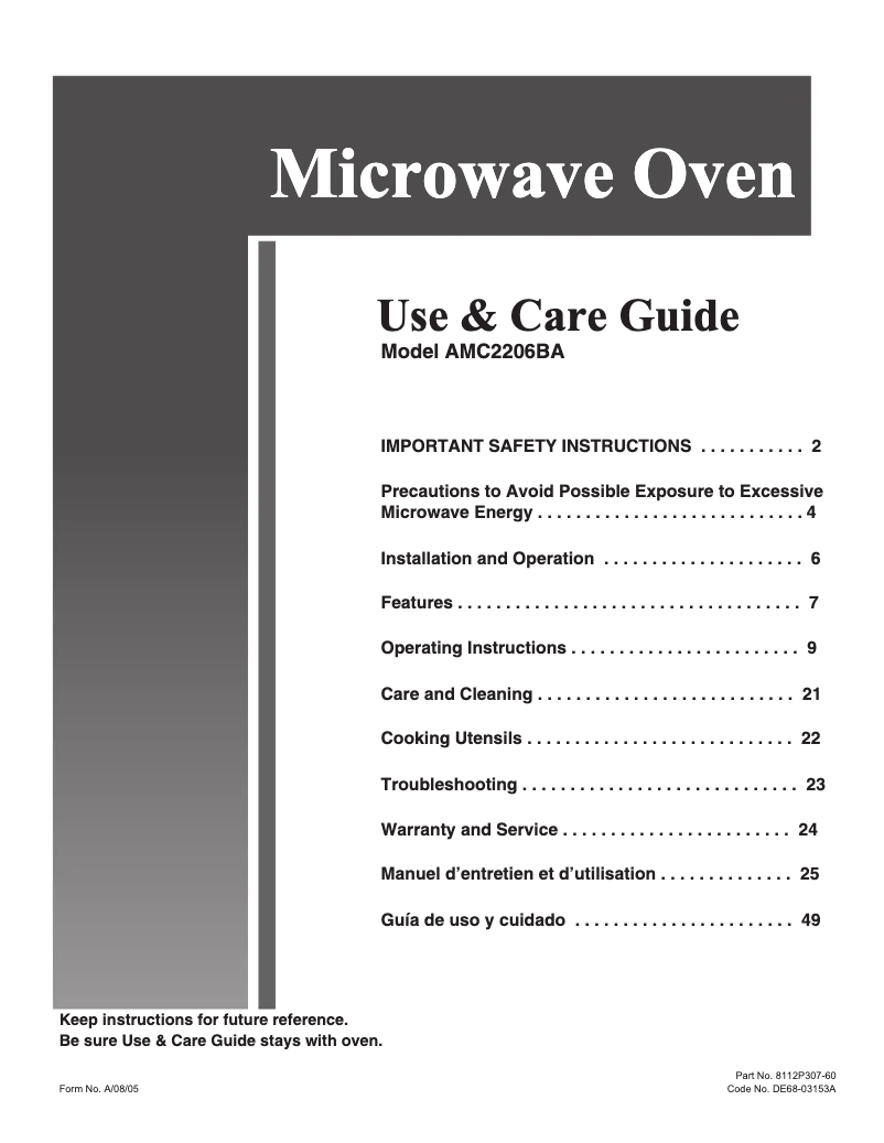 Page 1 de la notice Manuel utilisateur Whirlpool AMC2206BAB