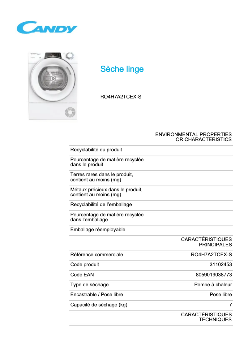 Page 1 de la notice Fiche technique Candy RO4 H7A2TCEX-S