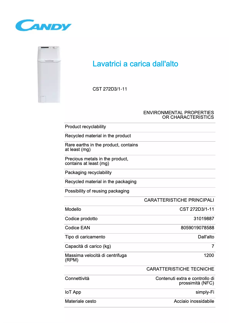 Page 1 de la notice Fiche technique Candy CST 272D3/1-11