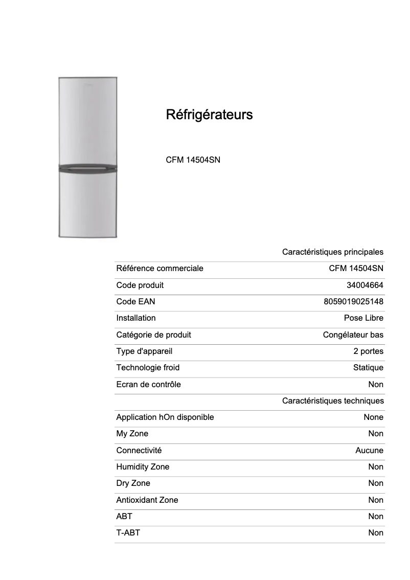 Page 1 de la notice Fiche technique Candy CFM 14504SN