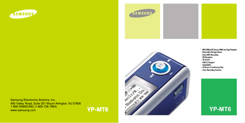 Page 1 de la notice Manuel utilisateur Samsung YP-MT6V