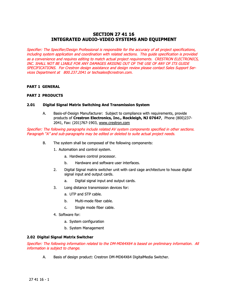 Página 1 del manual Manual de usuario Crestron DM-MD64X64