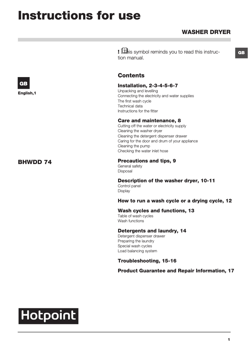Image de la première page du manuel de l'appareil BHWDD 74 (UK)