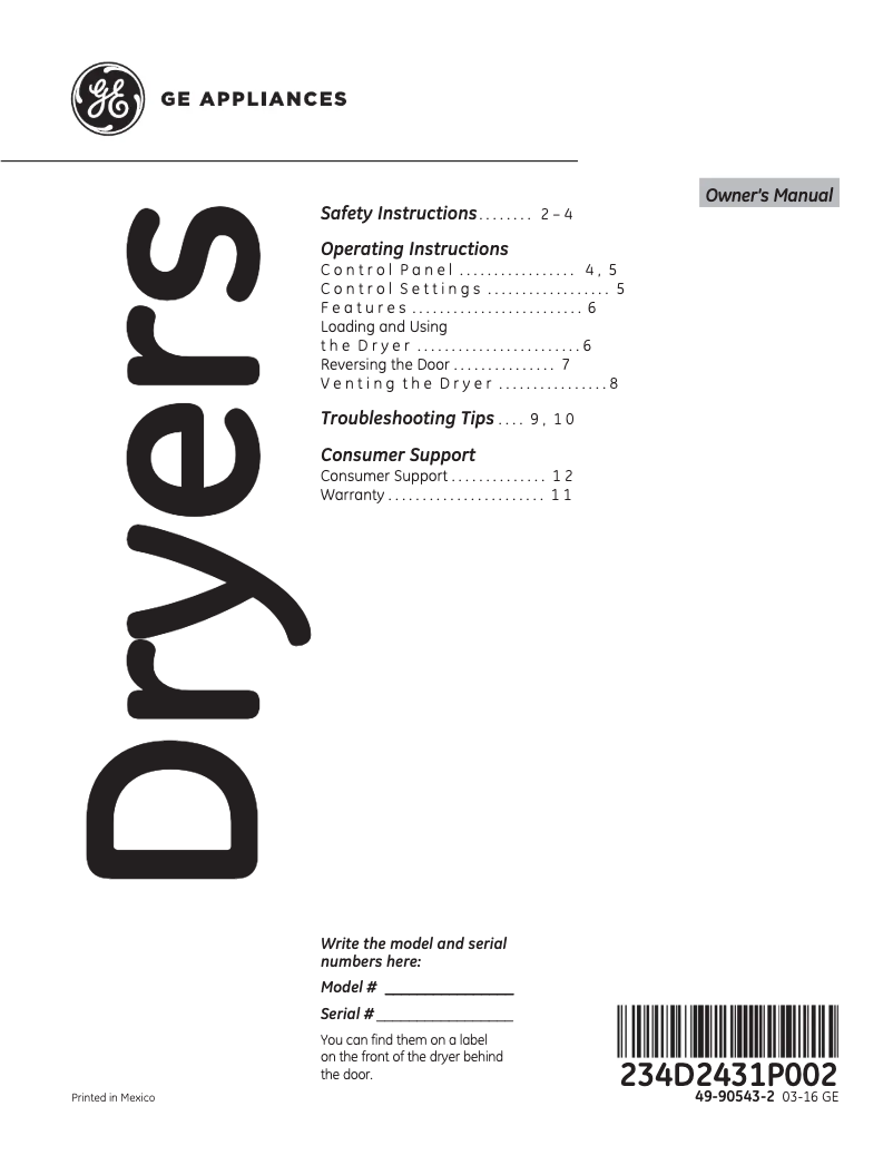 Page 1 de la notice Manuel d'utilisation et d'entretien GE GTD45GASJWS