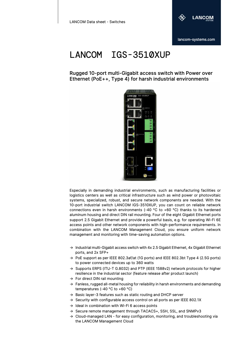 Page 1 de la notice Fiche technique Lancom IGS-3510XUP