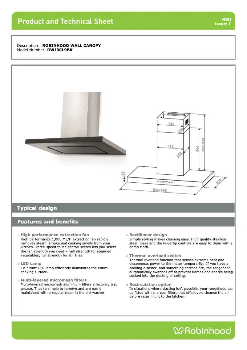 Page 1 de la notice Fiche technique Robinhood RWJ3CL9BK
