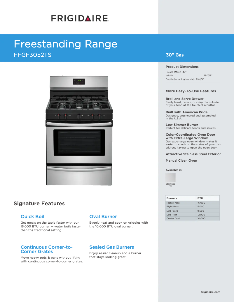 Page 1 de la notice Fiche technique Frigidaire FFGF3052TS