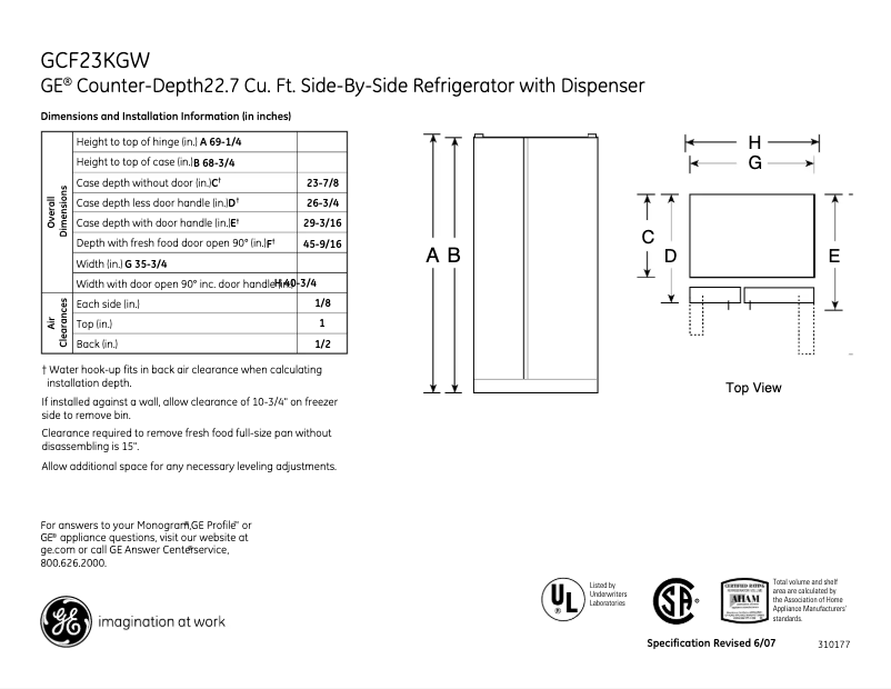 Page 1 de la notice Fiche technique GE GCF23KGWWW