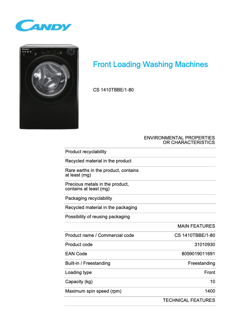 Page 1 de la notice Fiche technique Candy CS 1410TBBE/1-80