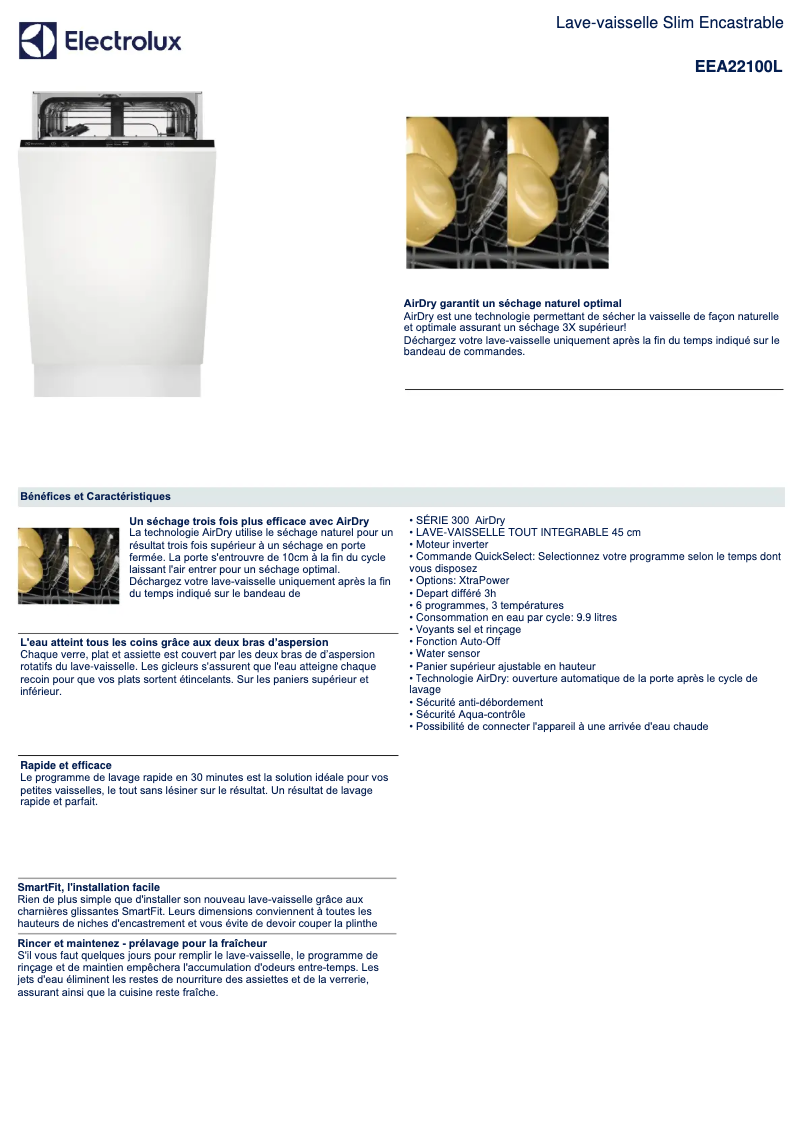 Page 1 de la notice Fiche technique Electrolux EEA22100L