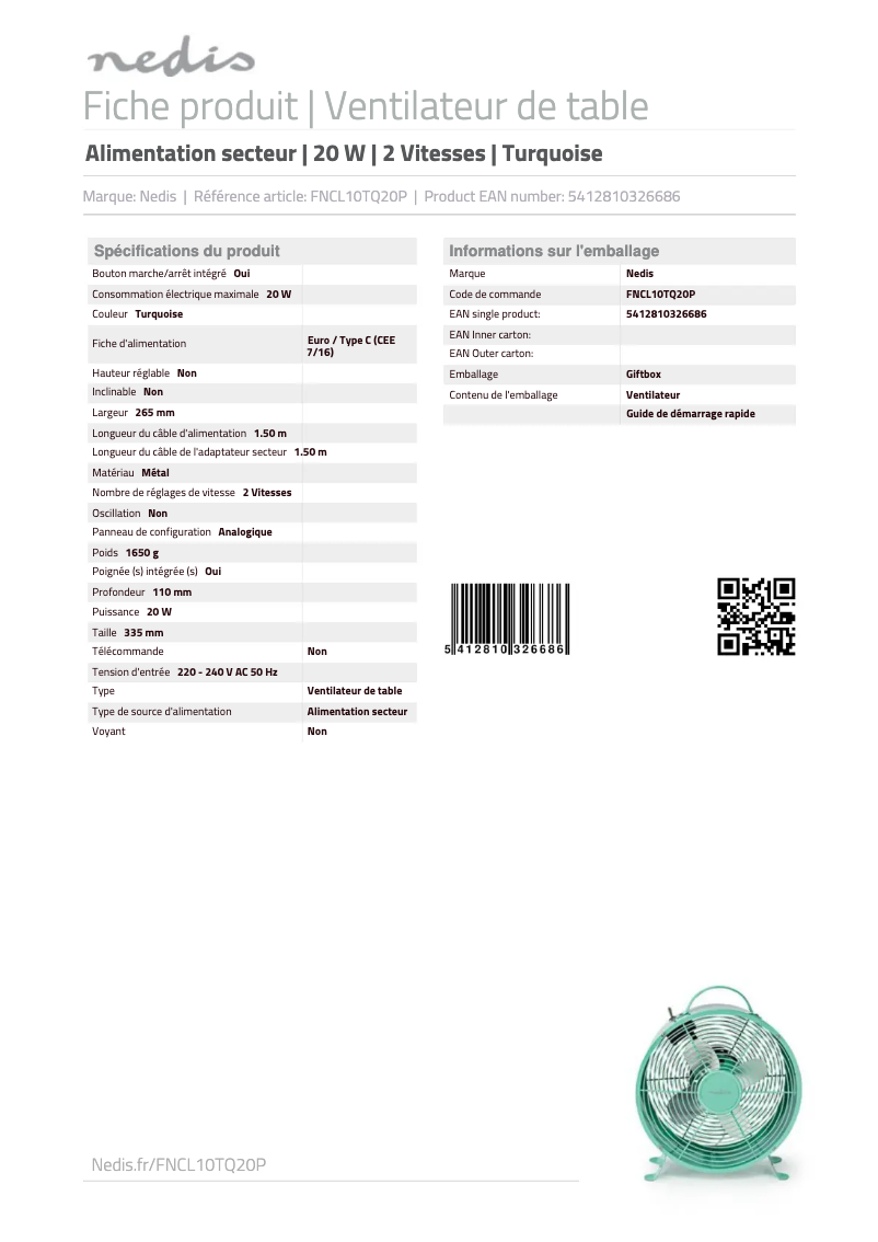 Page n°1 - Manuel utilisateur Nedis FNCL10TQ20P