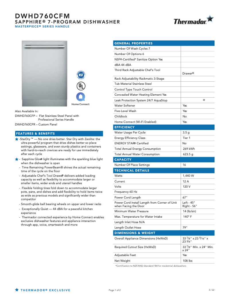 Page 1 de la notice Fiche technique Thermador DWHD760CFM