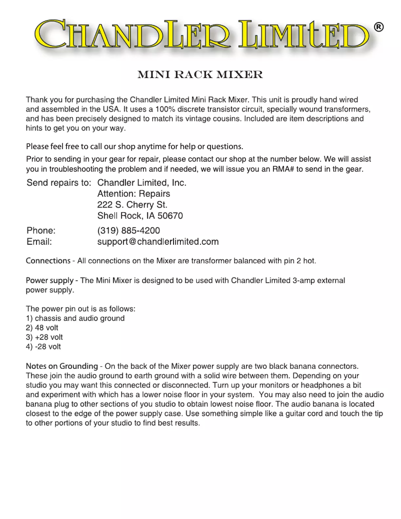 Page n°1 - Manuel utilisateur Chandler Mini Rack 16 Channel
