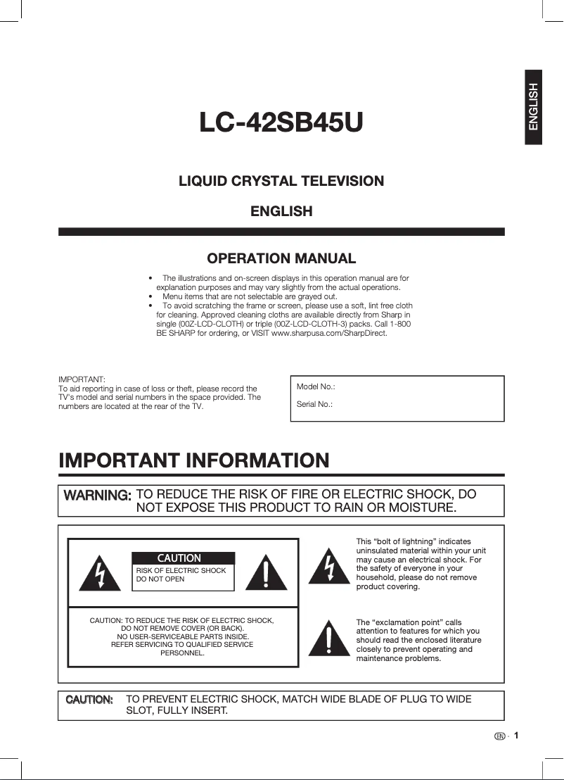 Page 1 de la notice Manuel utilisateur Sharp LC-42SB45UT