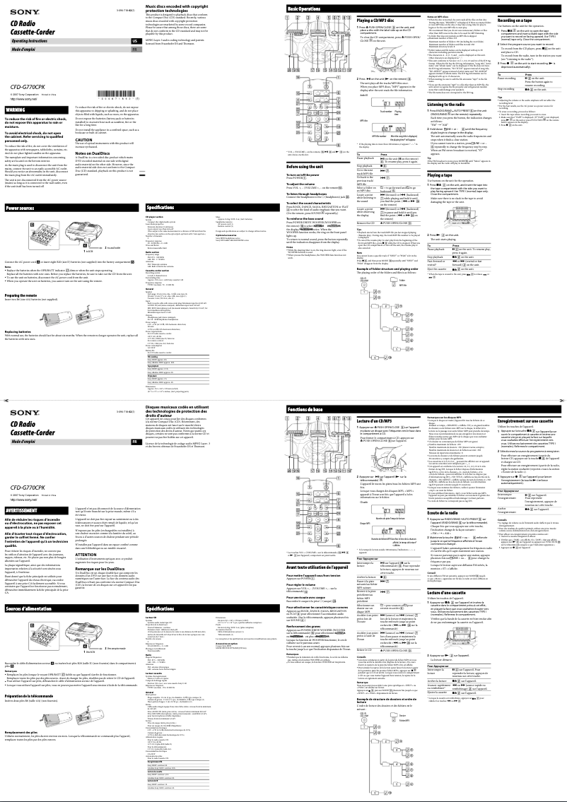 Page 1 de la notice Manuel utilisateur Sony CFD-G770CPK