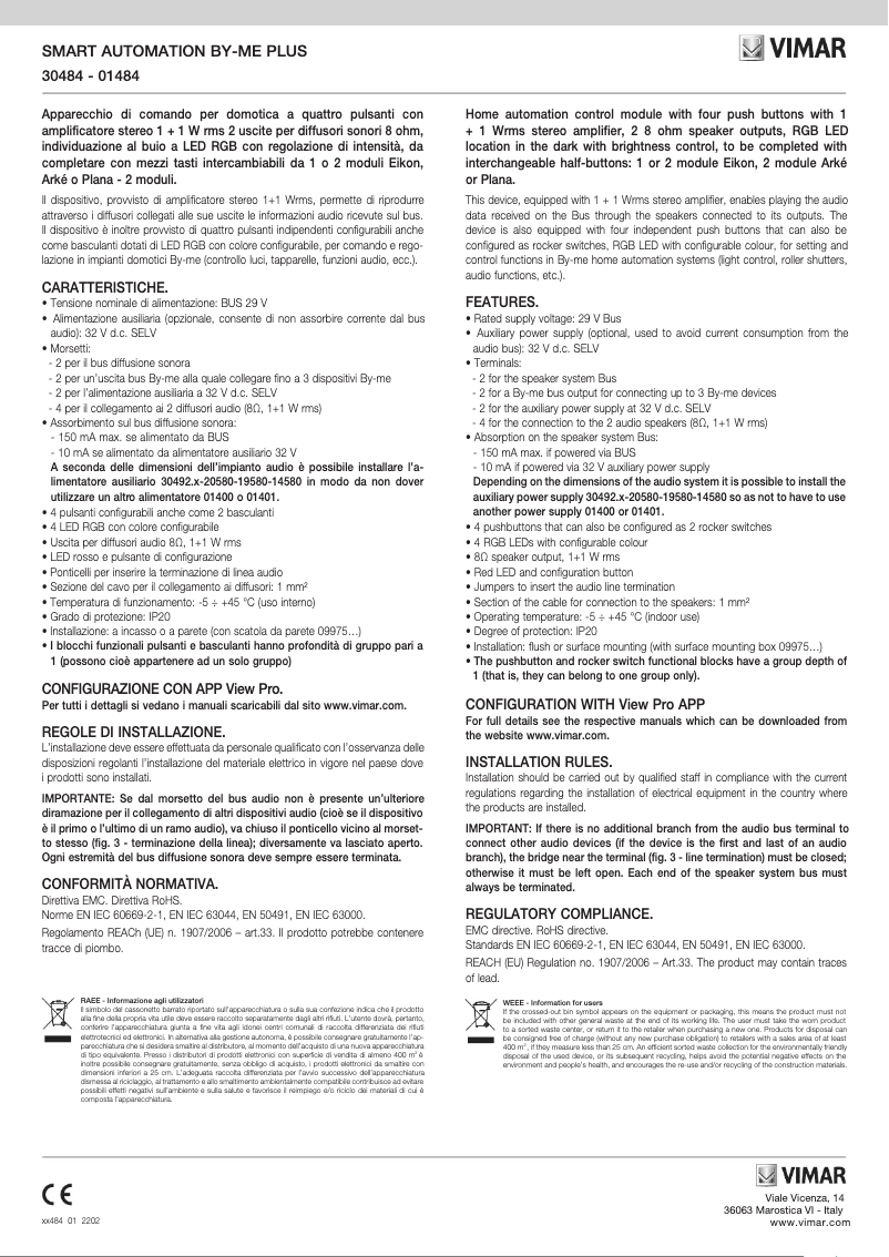 Page 1 de la notice Manuel utilisateur Vimar 30484