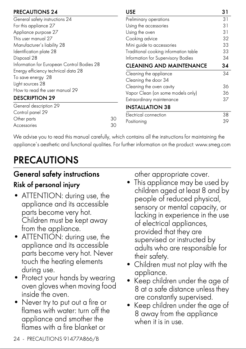 Page 1 de la notice Manuel utilisateur Smeg SF68M3VPOGL