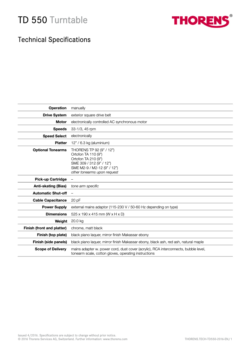 Page 1 de la notice Fiche technique Thorens TD 550