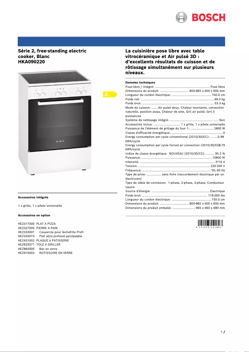 Page n°1 - Fiche technique Bosch HKA090220
