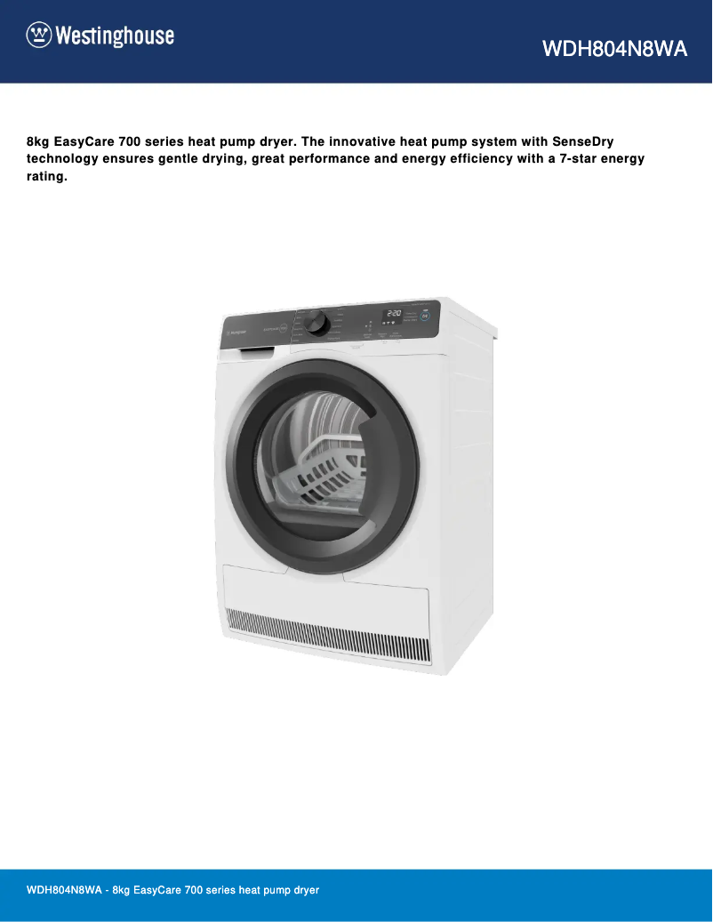 Page n°1 - Fiche technique Westinghouse WDH804N8WA
