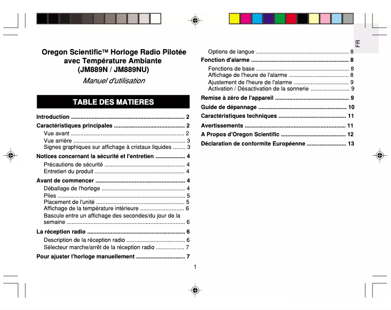 Page 1 de la notice Manuel utilisateur Oregon Scientific JM889