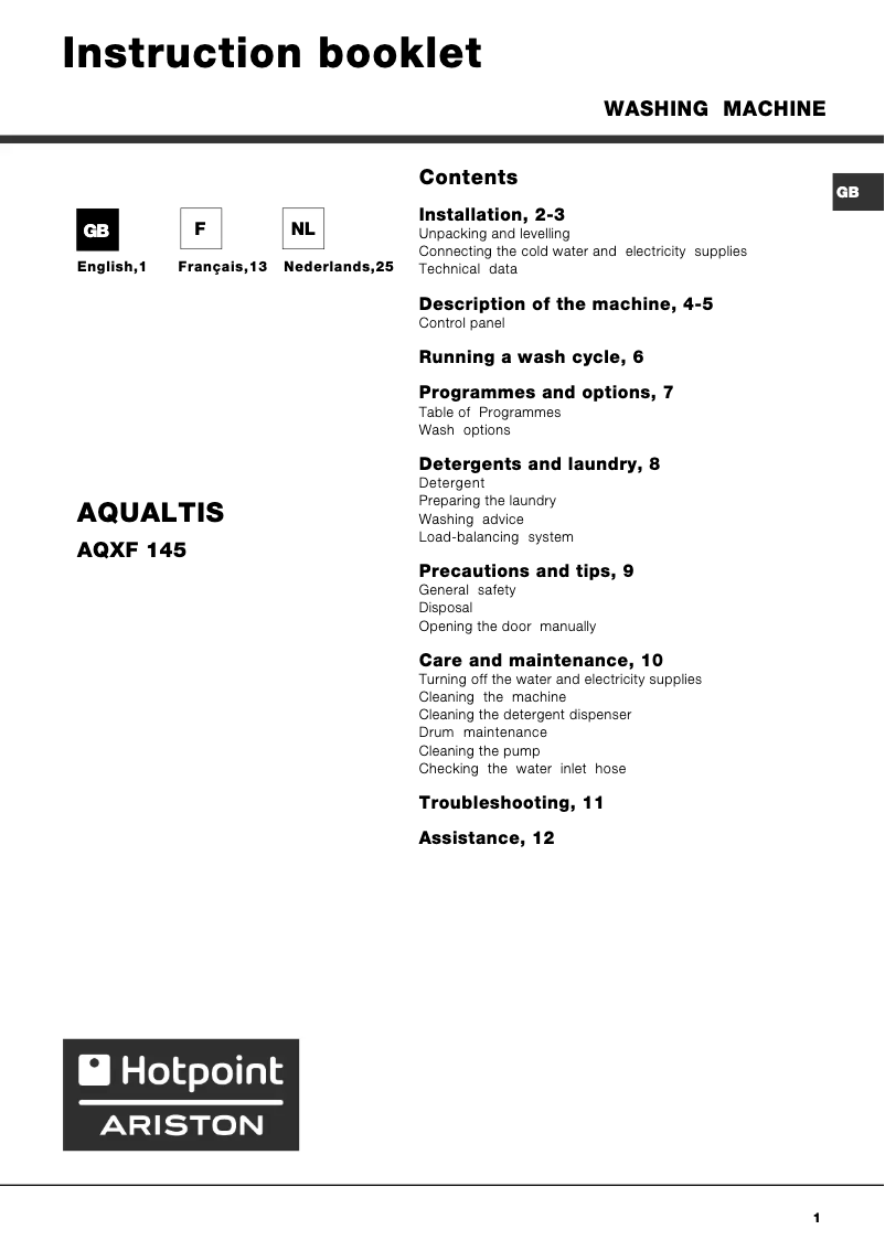 Image de la première page du manuel de l'appareil Aqualtis AQXF 145