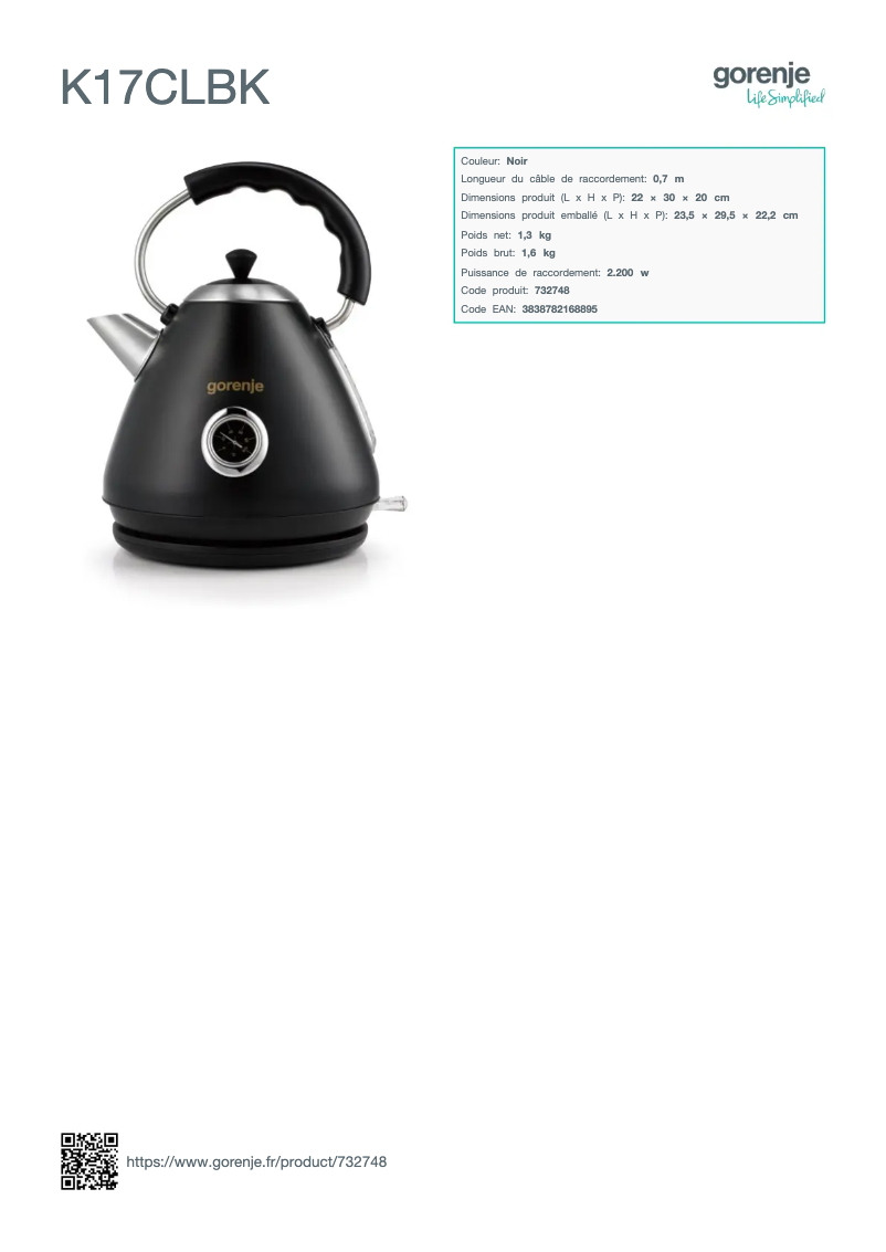 Page n°1 - Fiche technique Gorenje K17CLBK