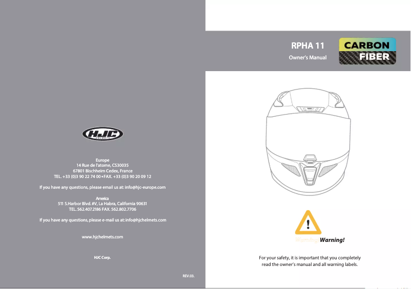Page n°1 - Manuel utilisateur HJC Helmets RPHA 11