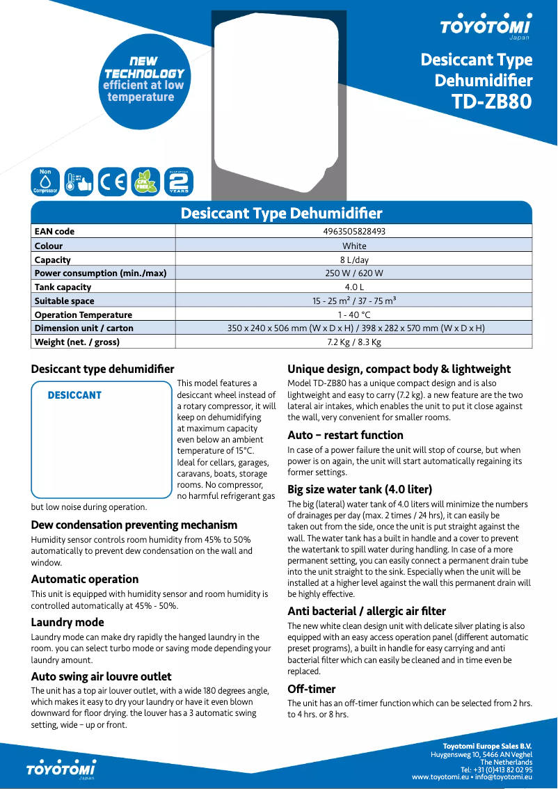 Page 1 de la notice Fiche technique Toyotomi TD-ZB80