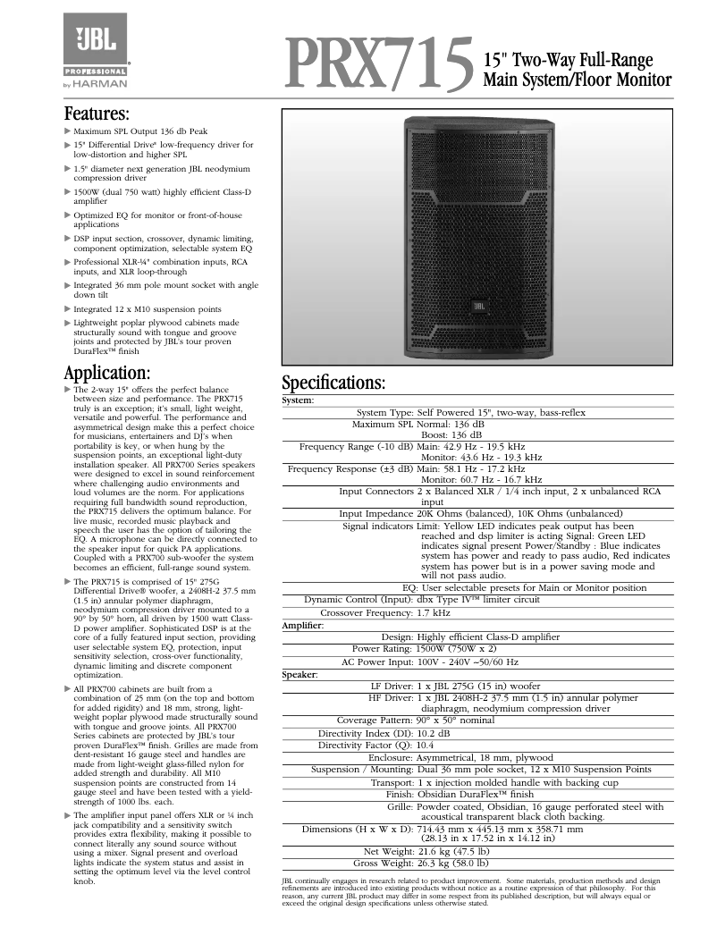 Page 1 de la notice Fiche technique JBL PRX715