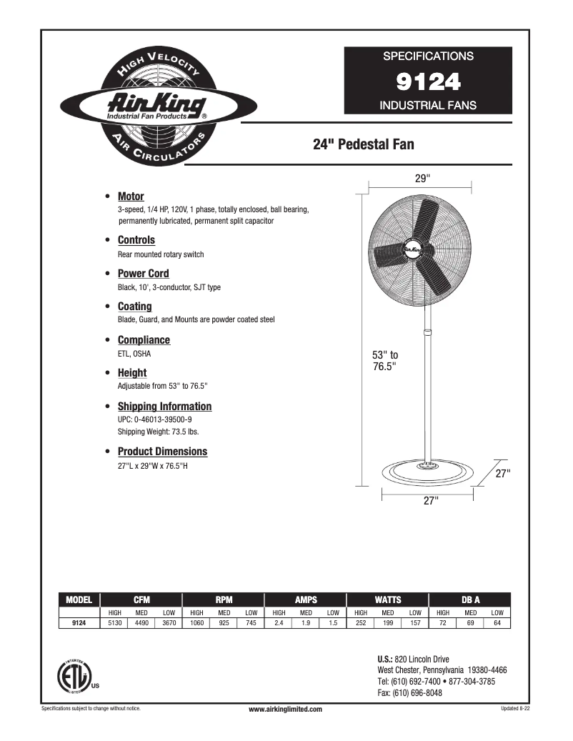 Page n°1 - Fiche technique Air King 9124