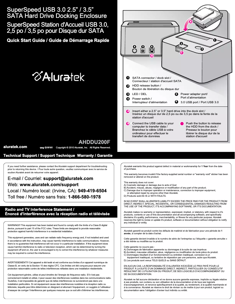 Page 1 de la notice Manuel utilisateur Aluratek AHDDU200F