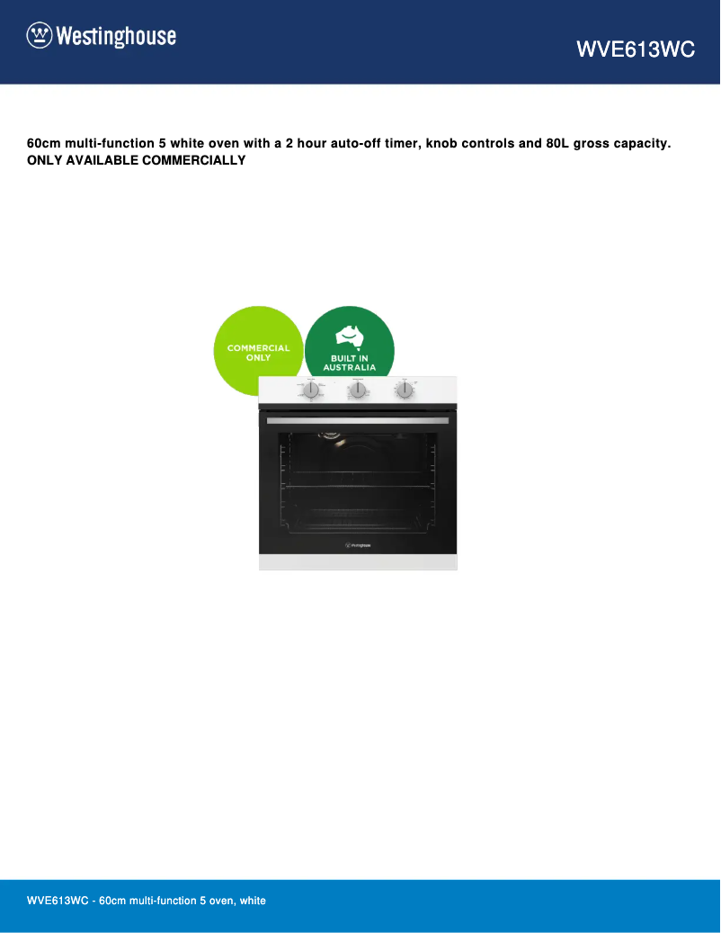 Page n°1 - Fiche technique Westinghouse WVE613WC