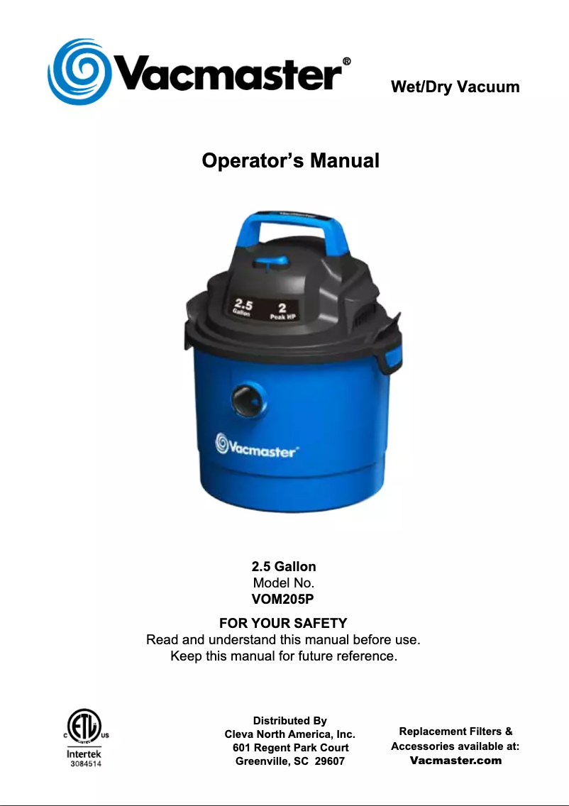 Page n°1 - Manuel utilisateur Vacmaster VOM205P