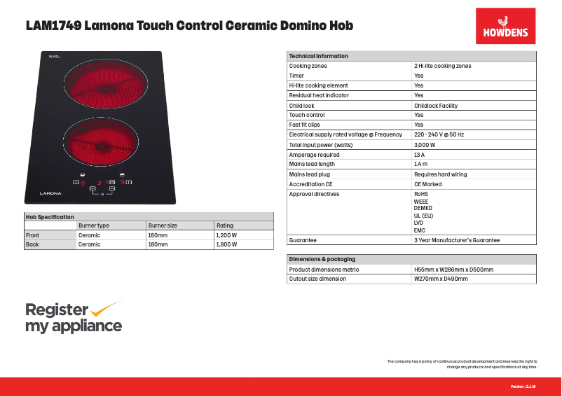 Page 1 de la notice Fiche technique Lamona LAM1749