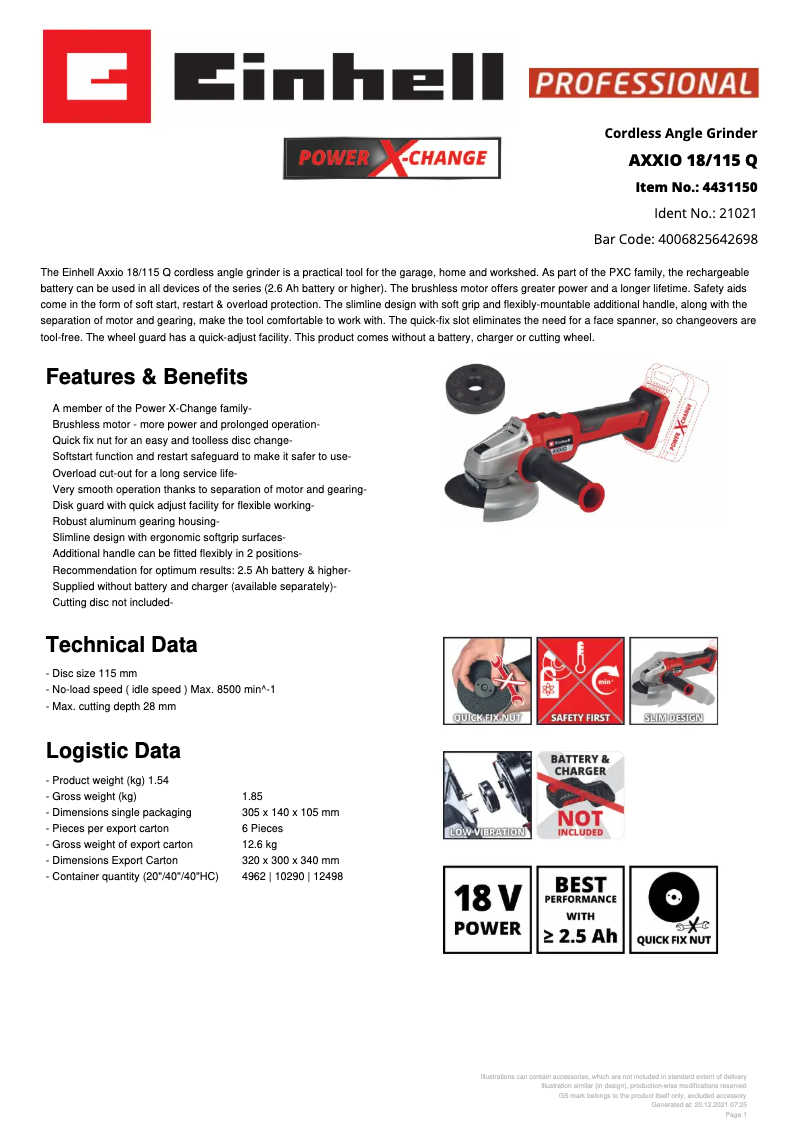 Page 1 de la notice Fiche technique Einhell AXXIO 18/115 Q