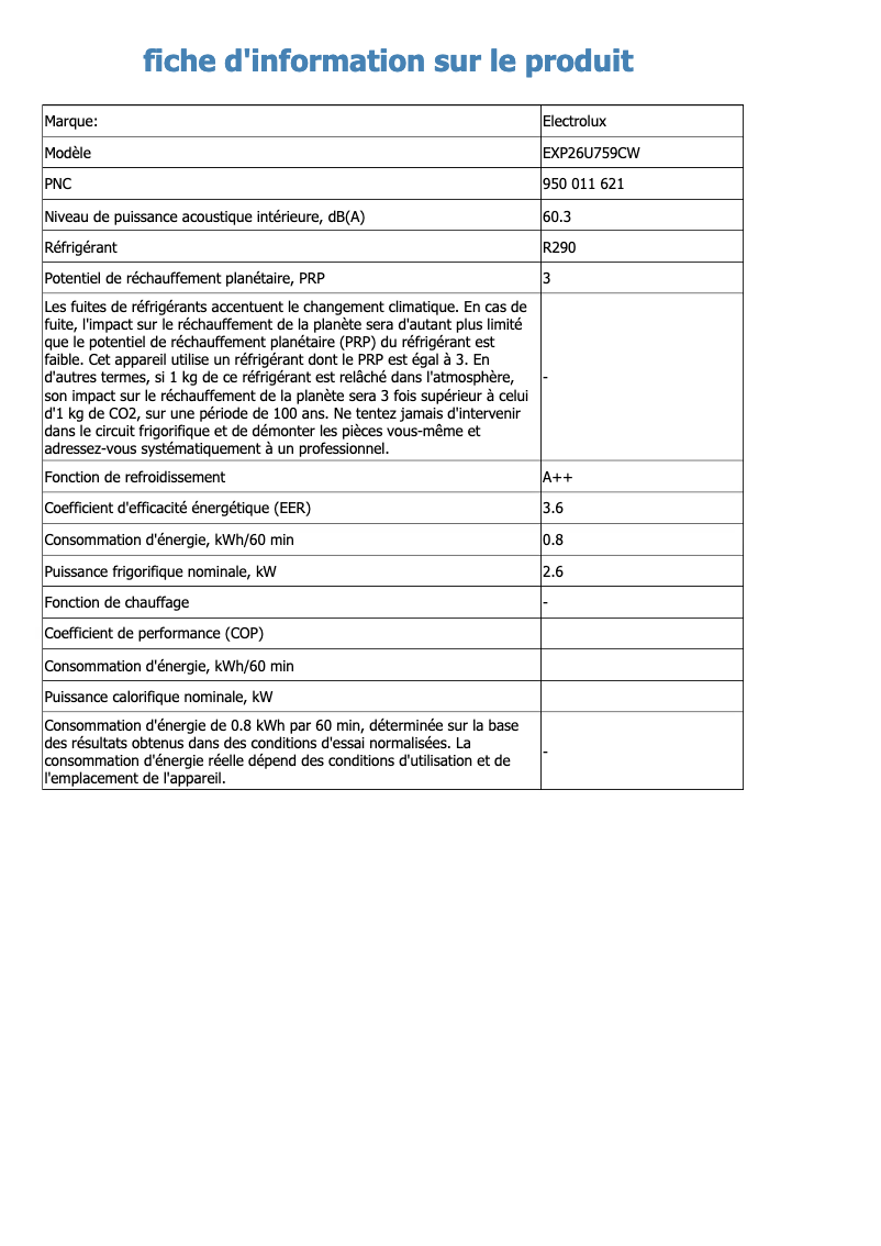 Page 1 de la notice Fiche technique Electrolux EXP26U759CW
