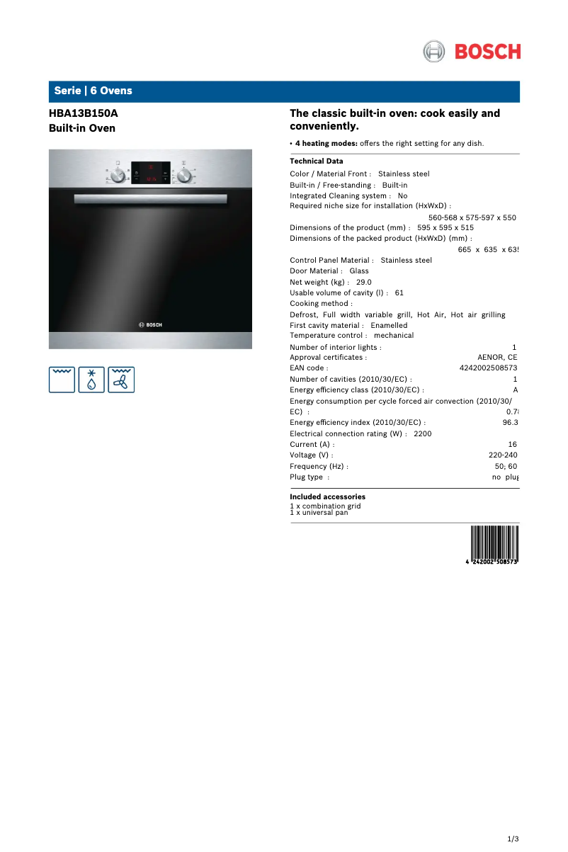 Page 1 de la notice Fiche technique Bosch HBA13B150A