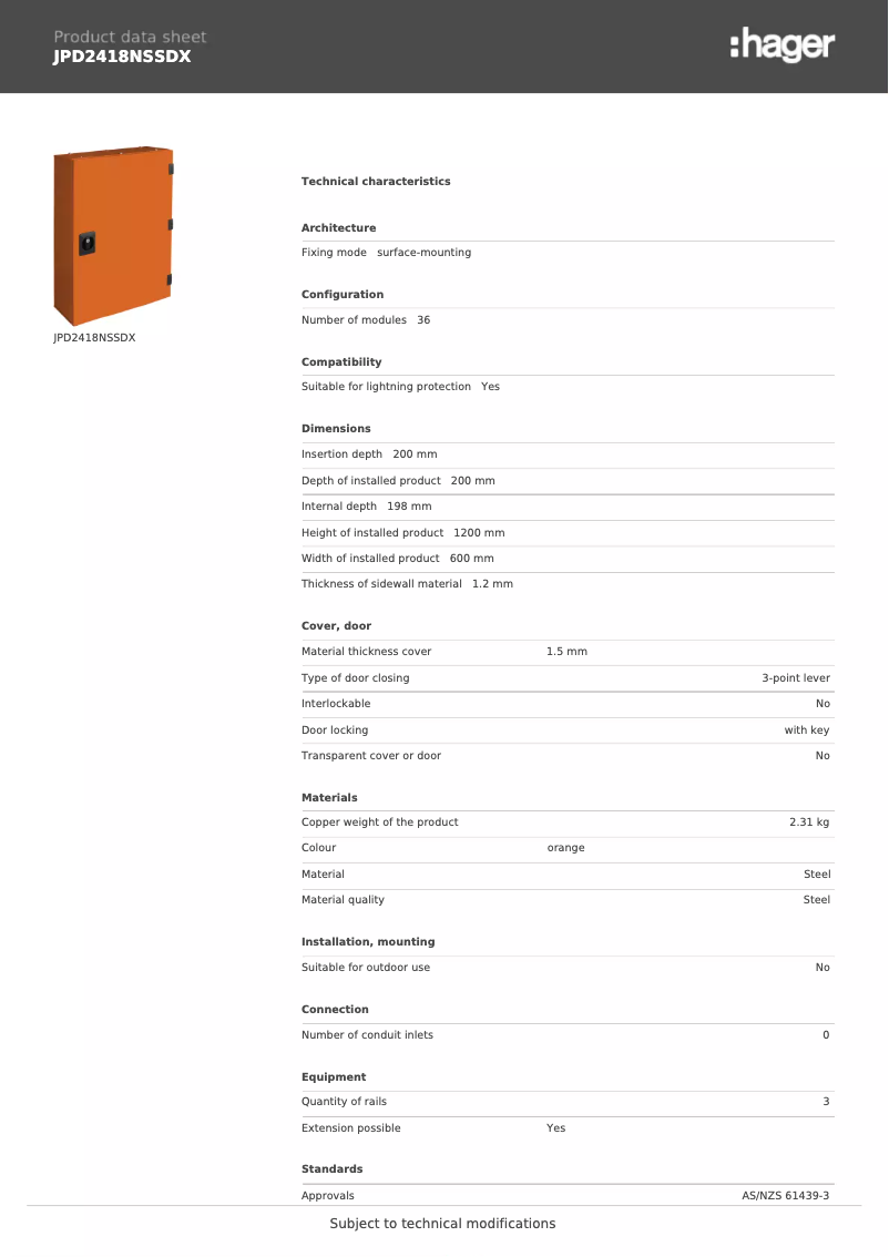 Page 1 de la notice Fiche technique Hager JPD2418NSSDX