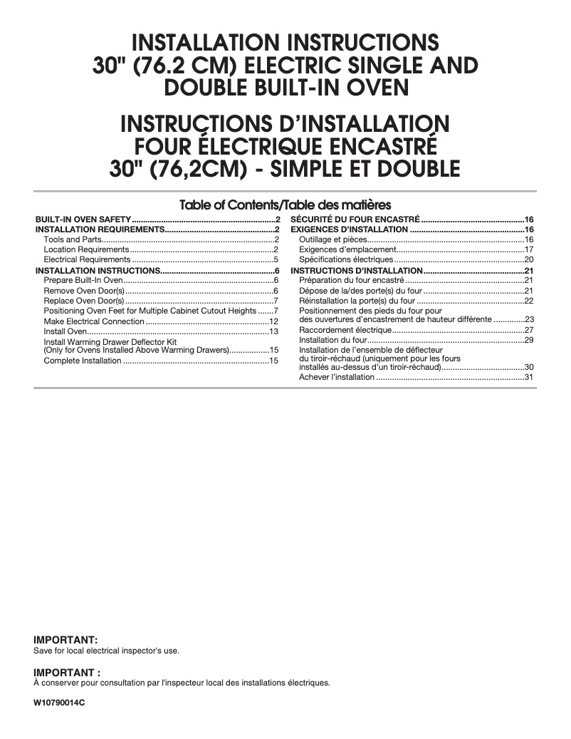 Page n°1 - Guide d'installation JennAir JJW3430DS