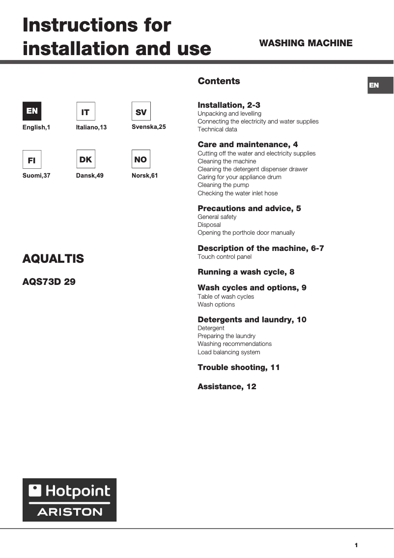 Page 1 de la notice Manuel utilisateur Hotpoint Aqualtis AQS73D 29