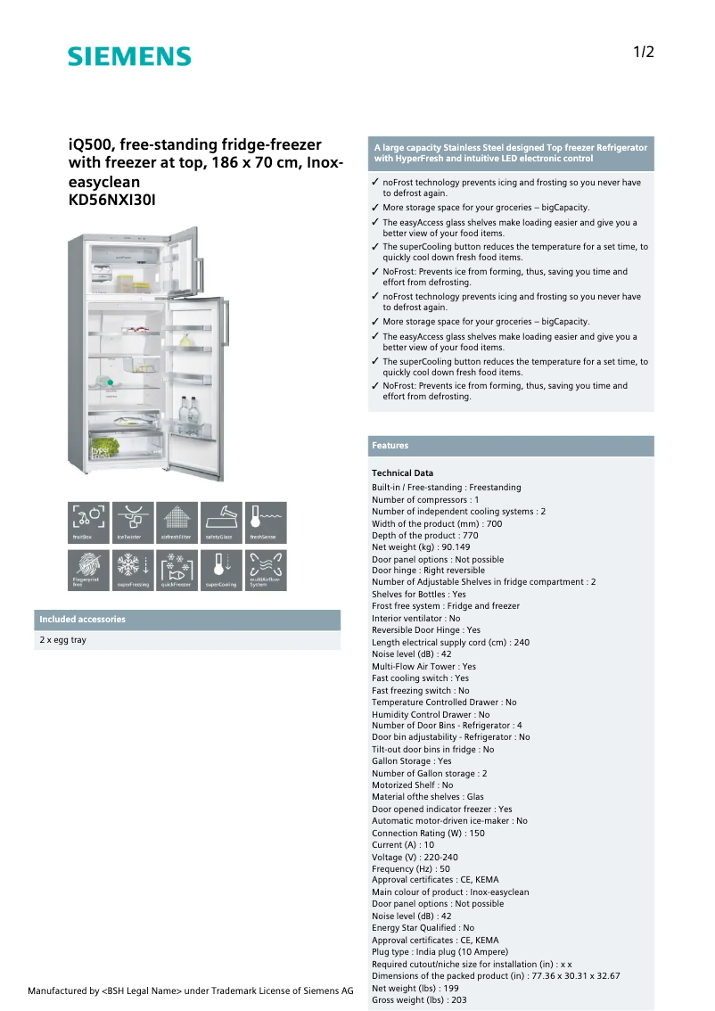 Page 1 de la notice Fiche technique Siemens KD56NXI30I