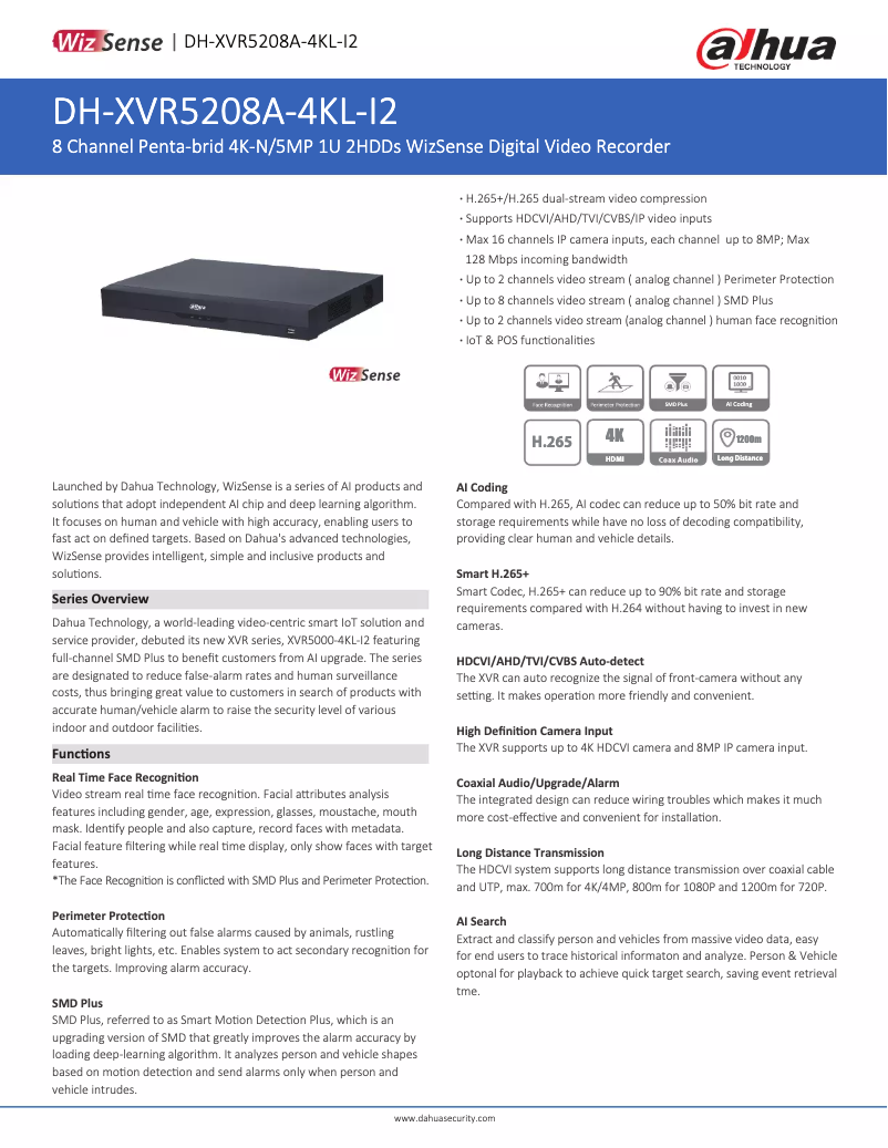Page 1 de la notice Fiche technique Dahua Technology XVR5208A-4KL-I2