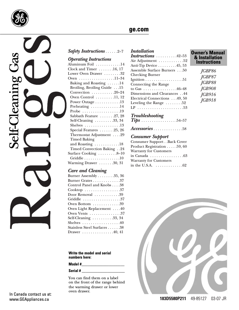 Page n°1 - Manuel d'utilisation et d'entretien GE JGB908SELSS