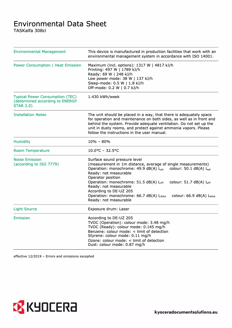 Page 1 de la notice Fiche technique Kyocera TASKalfa 308ci