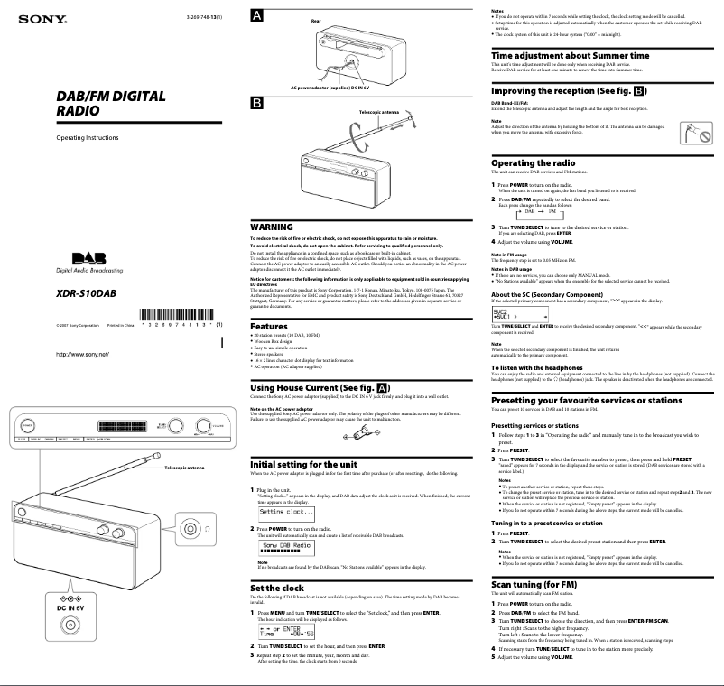 Page n°1 - Manuel utilisateur Sony XDR-S10DAB