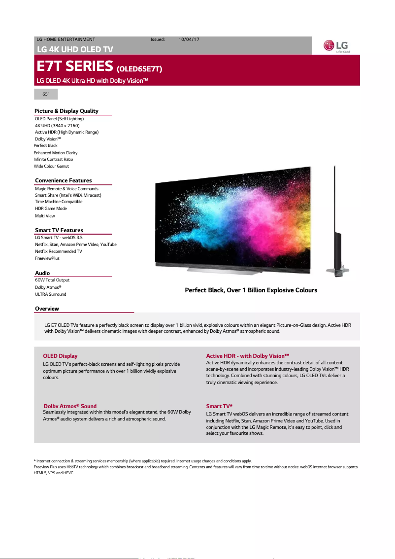 Page n°1 - Fiche technique LG OLED65E7T