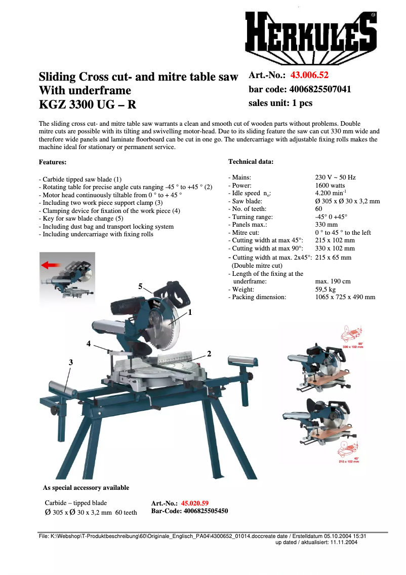 Page n°1 - Fiche technique Herkules KGZ 3300