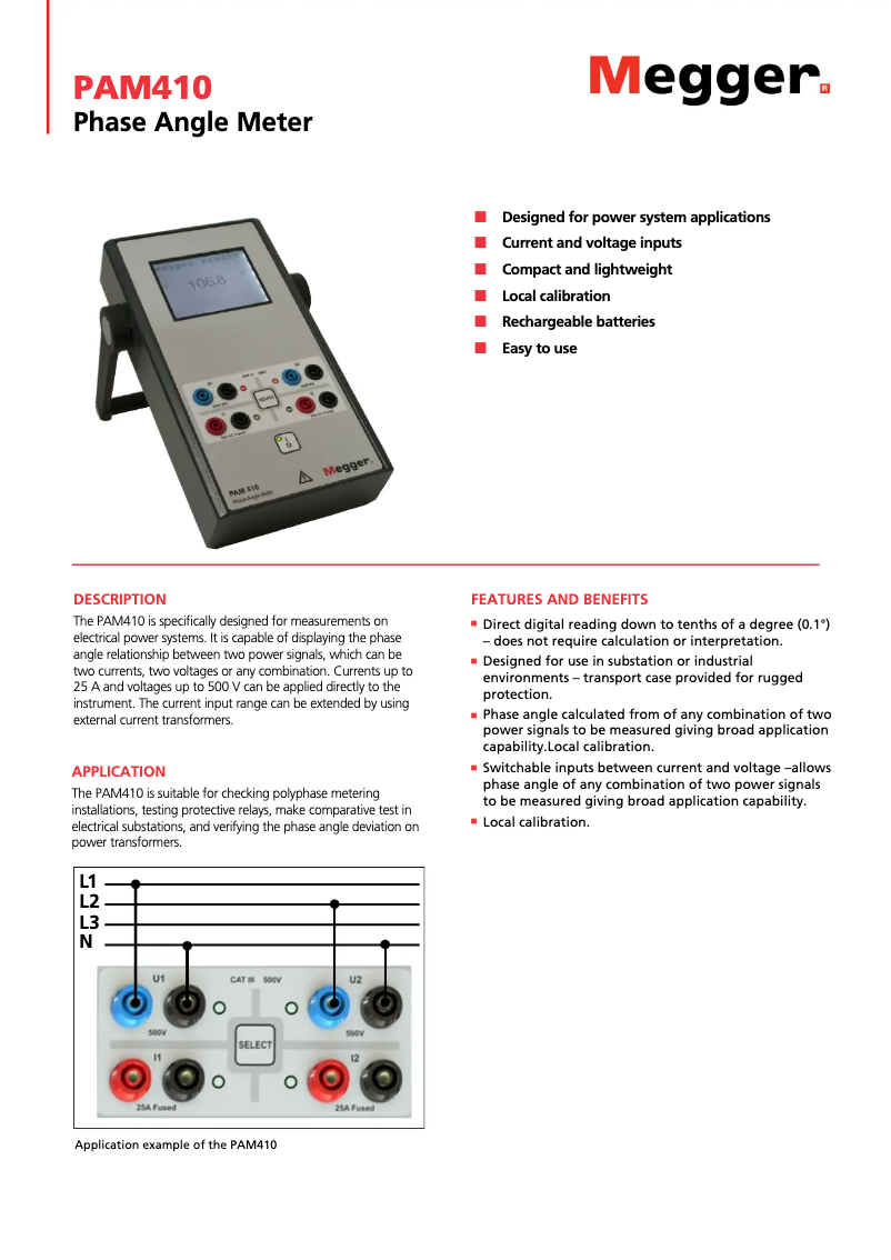Page 1 de la notice Fiche technique Megger PAM410