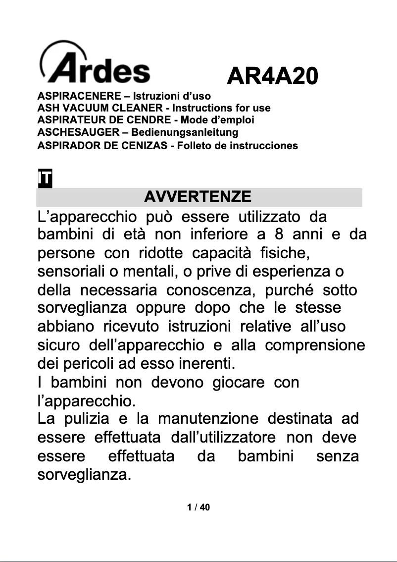 Page 1 de la notice Manuel utilisateur Ardes AR4A20